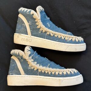 mou Denim High-Top Moccasins in Blue with Cream Trim